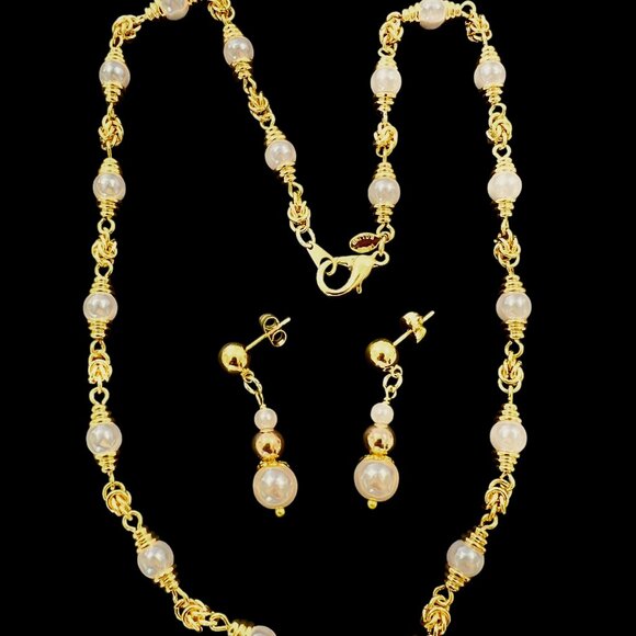 B.C. Lind 14KGE Faux Pearl Necklace Gold Chain Link 18" Retro Classic & Earrings - Picture 7 of 7